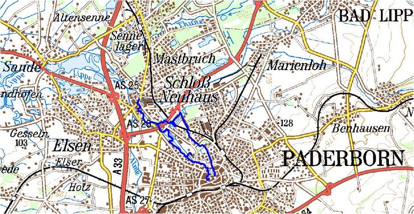 Lageskizze PaderWanderung (Kartengrundlage: Amtl. topograf. Karte © Geobasisdaten: Land NRW, vertreten durch Bez.-Reg. Köln, Abt. Geobasis NRW)