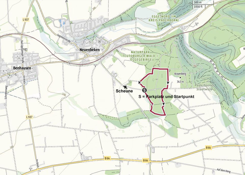 Lageskizze Familienvariante Paderborner Höhenweg (Kartengrundlage: © MapTiler © OpenStreetMap contributors)
