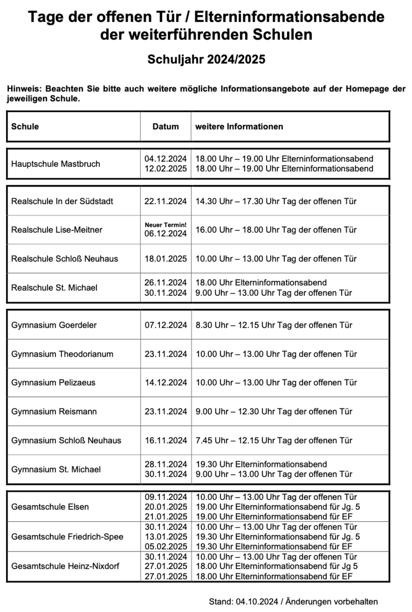 Tag der offenen Türen weiterführende Schulen