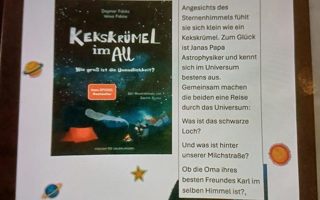 Ein Buchplakat zu dem Buch "Kekskrümel im All"