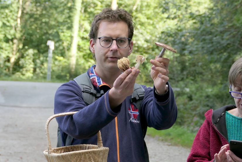 Dr. Steffen Schmitt konnte gleich zu Beginn der Exkursion einen Korallenpilz, eine Herbst-Lorchel und einen Perlpilz zeigen