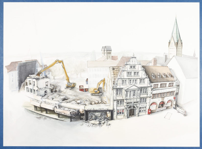 Die Künstlerin Lena Truschel hat die Abbrucharbeiten für das neue Stadthaus in einem Aquarell eindrucksvoll festgehalten.