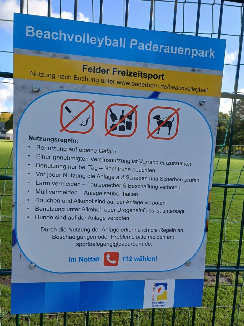 Nutzungsregeln Beachvolleyball Paderauenpark