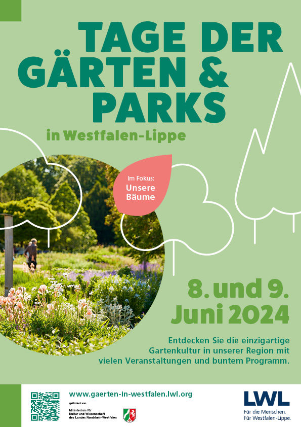 Plakat mit Naturfoto und Schriftzug "Tage der Gärten und Parks in Westfalen-Lippe"