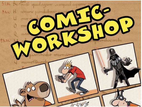 Auf einem Mittelalterlichen Buch steht in großer gelber Schrift Comic-Workshop und es sind verschiedene comicartige Figuren zu sehen