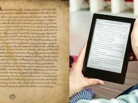 Es ist eine mittelalterliche Schrift und ein E-Book Reader zu sehen