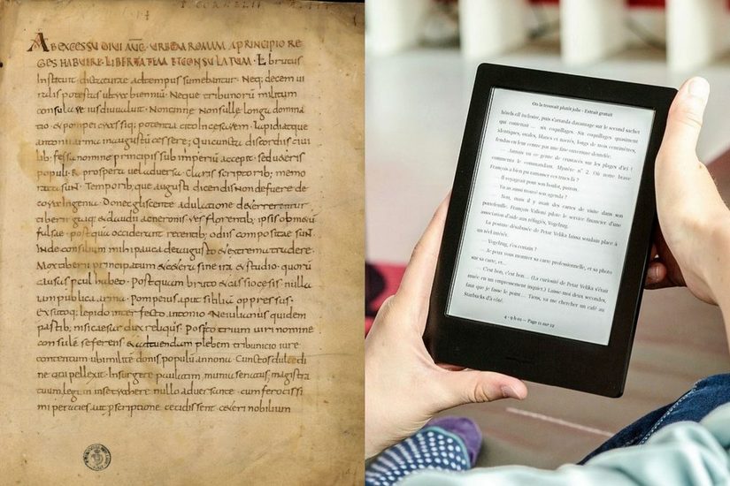 Es ist eine mittelalterliche Schrift und ein E-Book Reader zu sehen