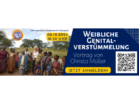 Einladung zum Vortrag von Christa Müller, Gründerin von (I)NTACT, die über die Arbeit ihres Vereins gegen die weibliche Genitalverstümmelung in Afrika berichtet.