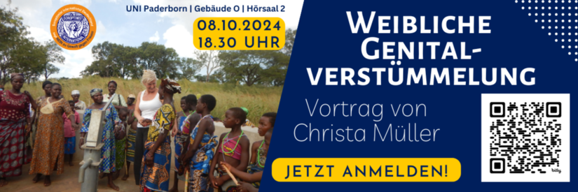 Einladung zum Vortrag von Christa Müller, Gründerin von (I)NTACT, die über die Arbeit ihres Vereins gegen die weibliche Genitalverstümmelung in Afrika berichtet.