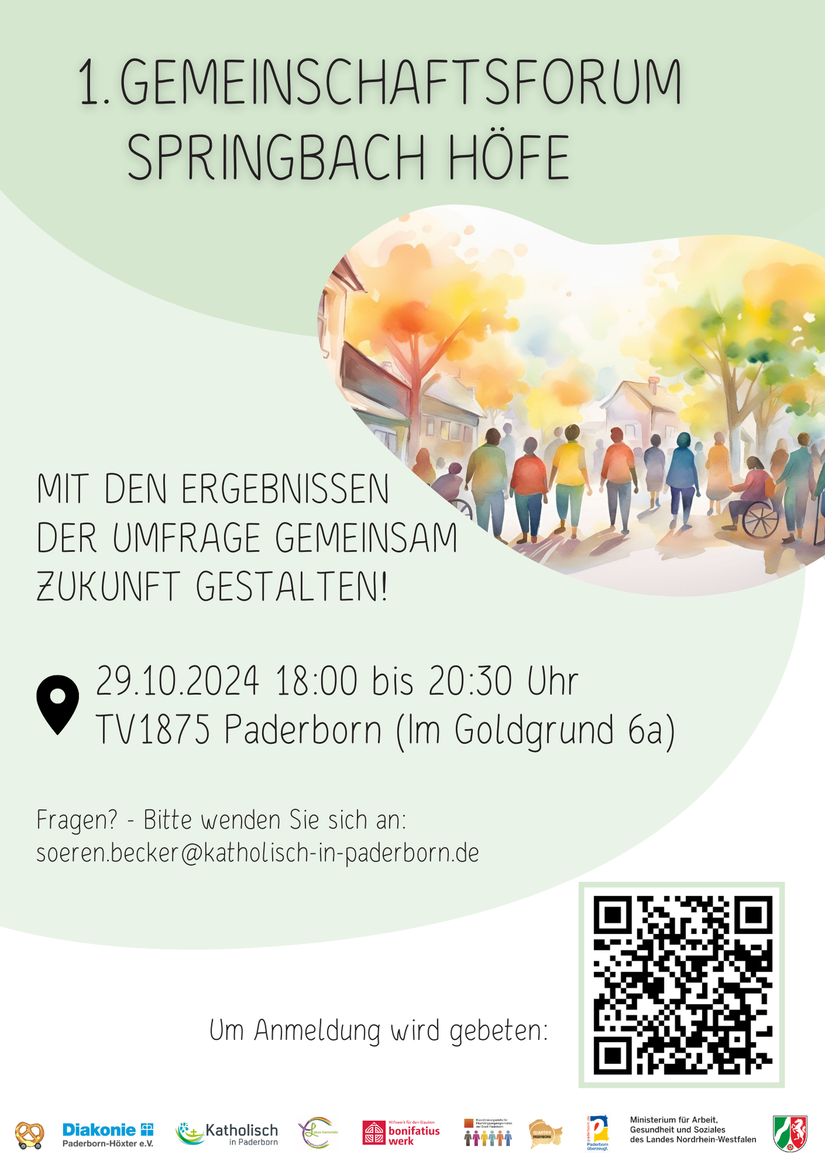 Zu sehen ist der Flyer des ersten Gemeinschaftsforums der Springbach Höfe als Abschlussveranstaltung der aktivierenden Befragung